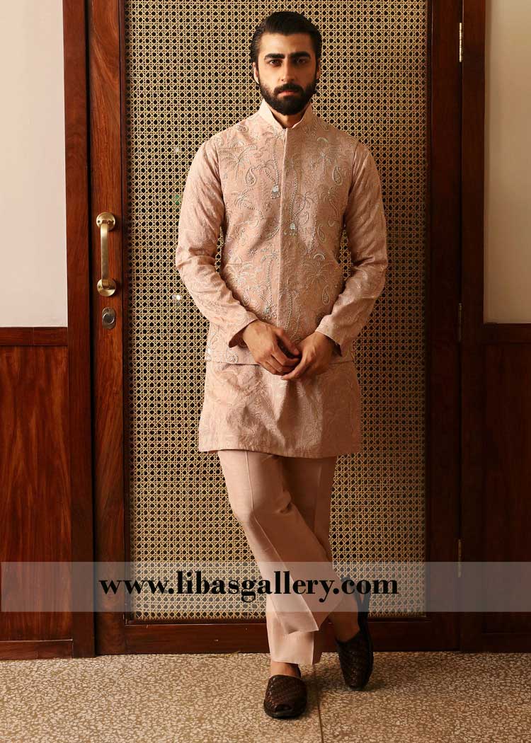 peach pink hand embellished men waistcoat for wedding occasion paired matching embroidered kurta trouser Connecticut Delaware Florida USA