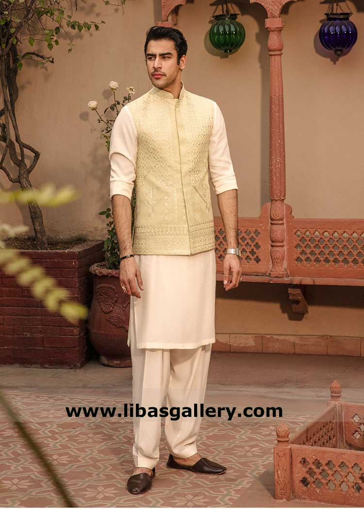 fancified embroidered men waistcoat on karandi pistachio shade paired with boski fabric off white kurta shalwar suit UK USA Canada Dubai Australia