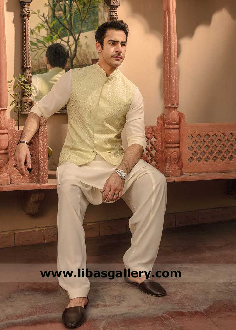 Pistachio Karandi waistcoat lavishly embroidered with heritage