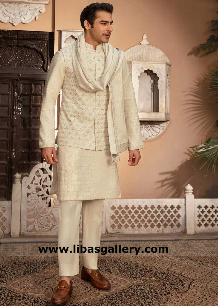 Men Occasion waistcoat in embroidered web design by Resham and tilla on Korean Raw silk with Karandi kurta Shalwar Glasgow California Sydney