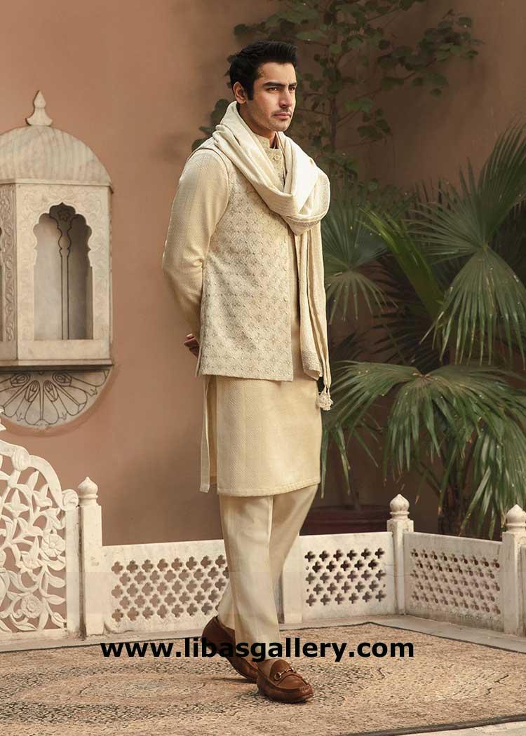 Off white Embroidered Waistcoat for Men