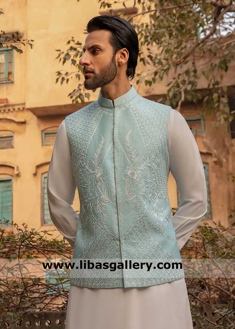 Ice Blue Exquisite Embroidered waistcoat suit for men