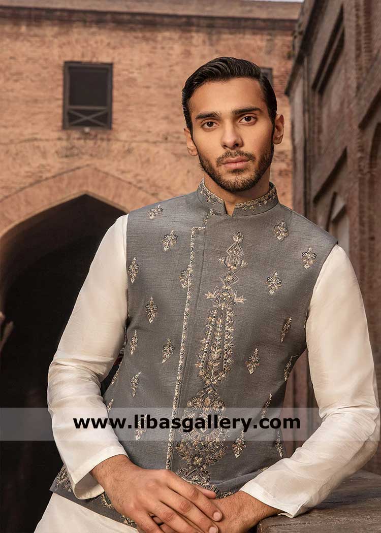 Embellished Gray Men Festive Waistcoat Suit