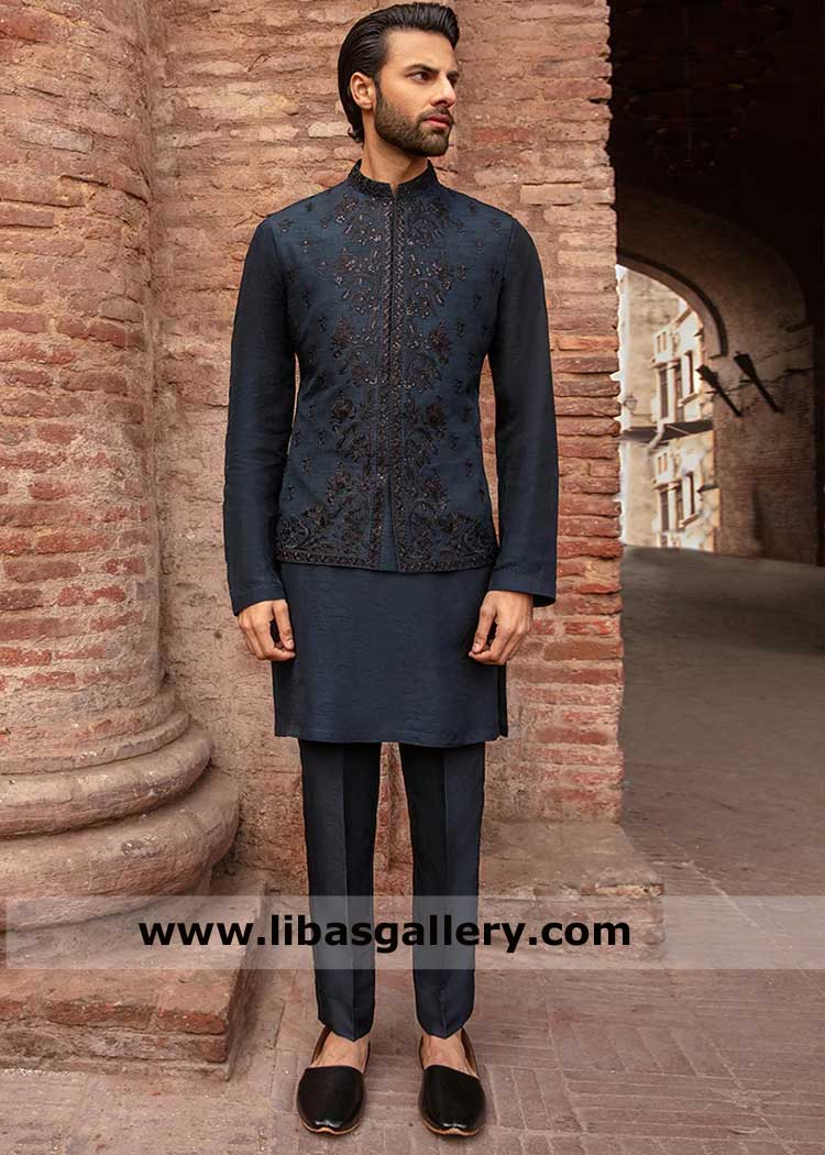 Groom Embroidered Navy Blue Waistcoat
