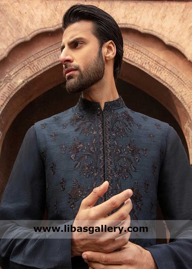 Groom Embroidered Navy Blue Waistcoat