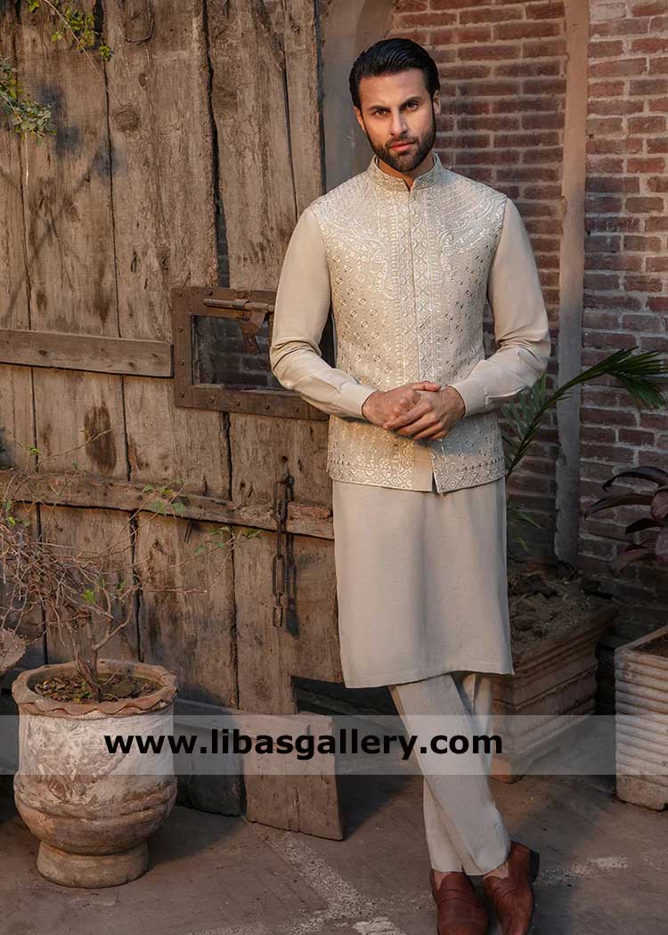 Oyster Gray Embroidered Festive Waistcoat for men