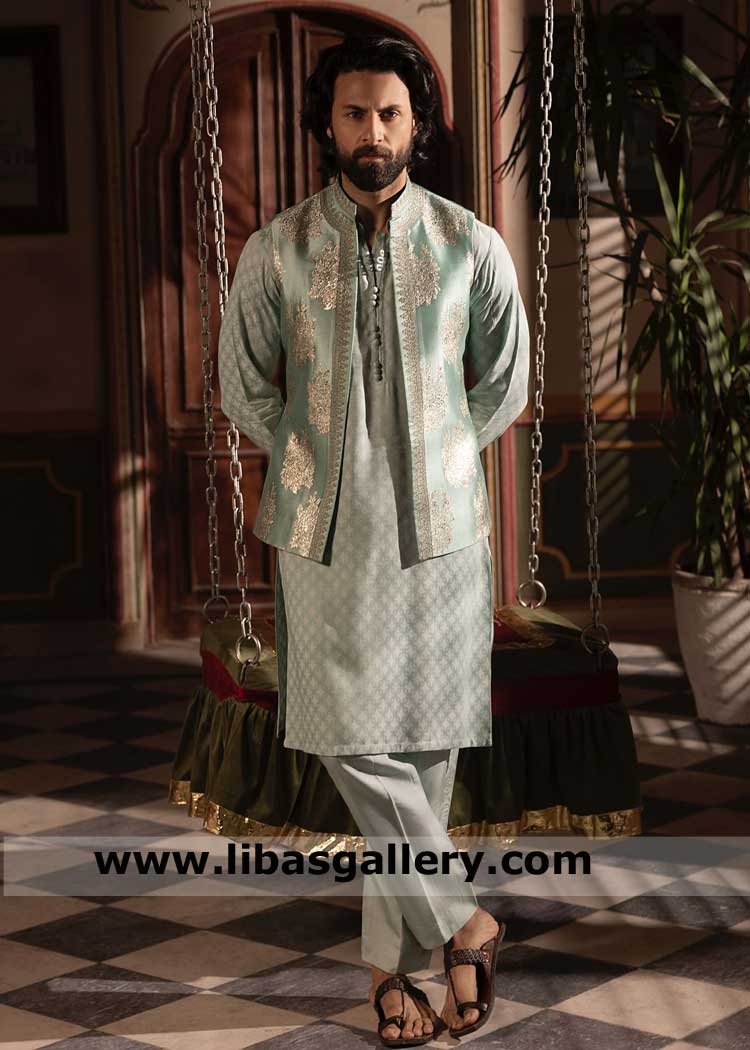Regal Teal Blue Embroidered Groom Waistcoat