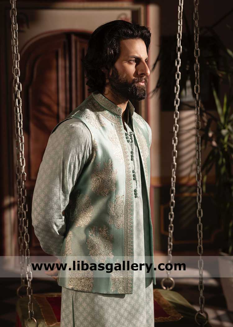 Regal Teal Blue Embroidered Groom Waistcoat