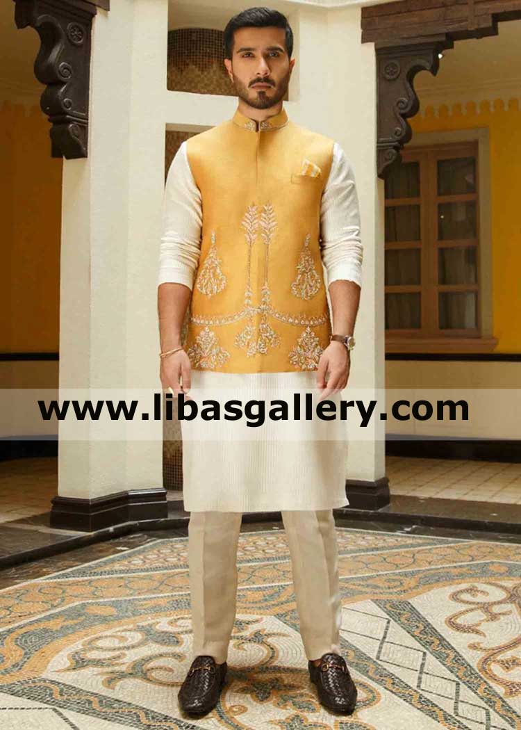 Mustard Raw silk Embellished Gents Wedding Waistcoat Style