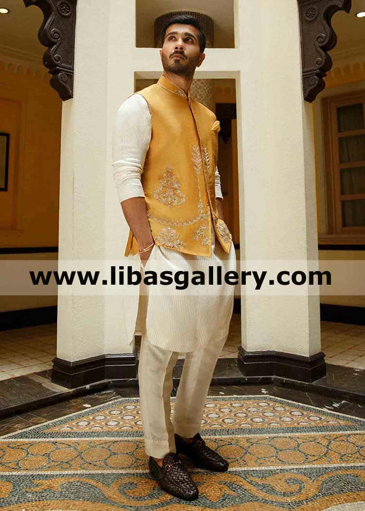 Mustard Raw silk Embellished Gents Wedding Waistcoat Style