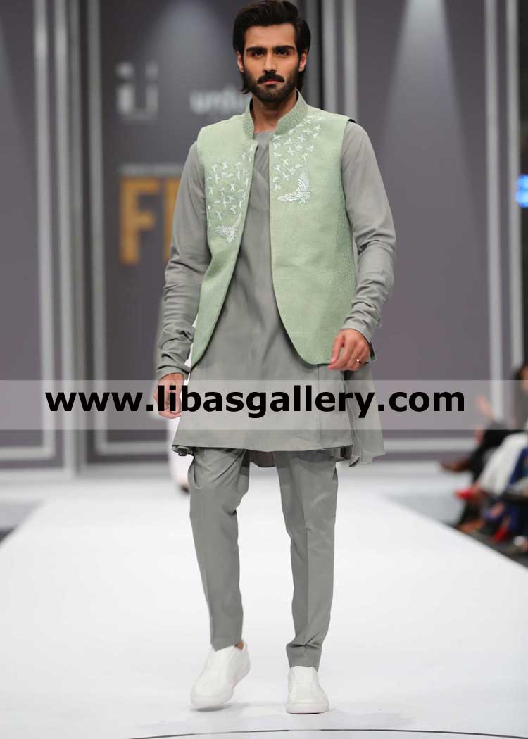 Jamawar light green waistcoat embroidered for young fashionable man and boys