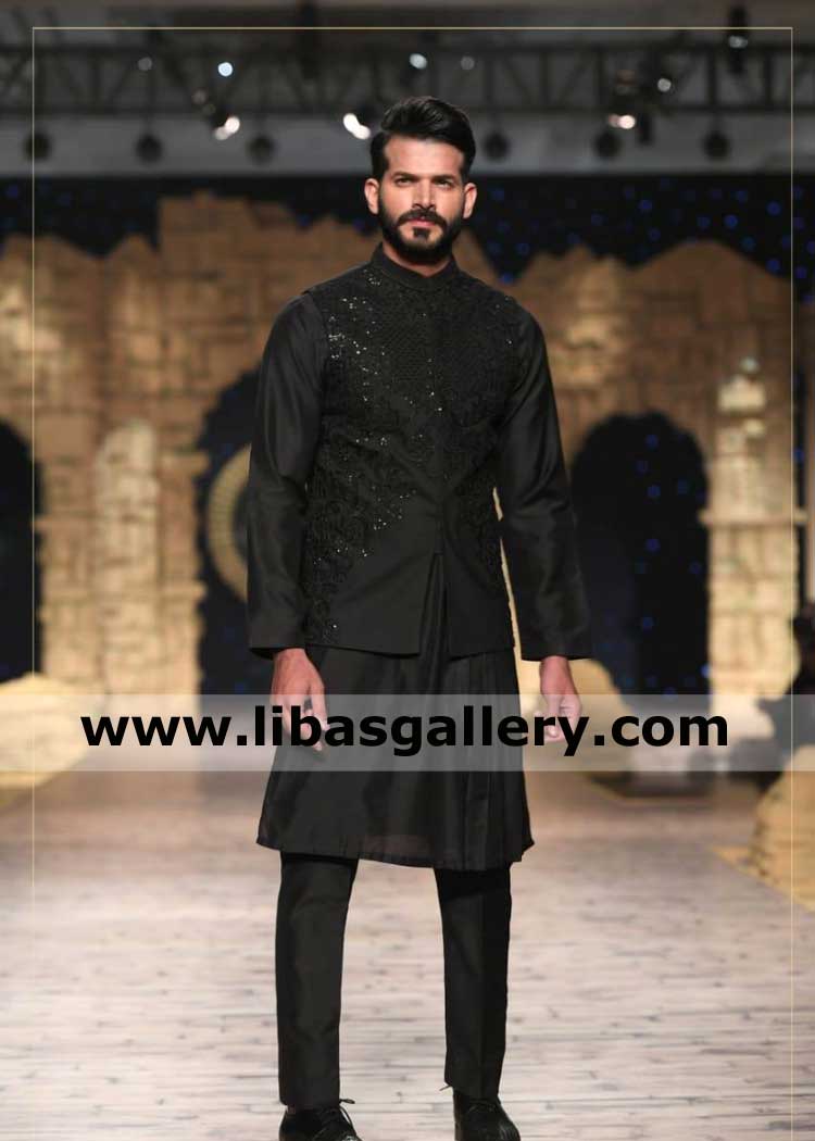 beautiful black embellished man waistcoat modern cuts pakistani sleeveless coat for mehndi and friends wedding party attendance montreal toronto Canada