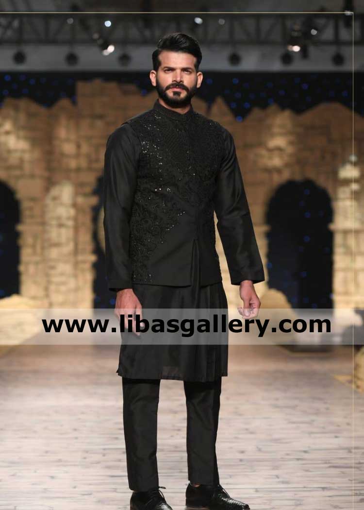 Black embellished pakistani waistcoat for gents wedding season