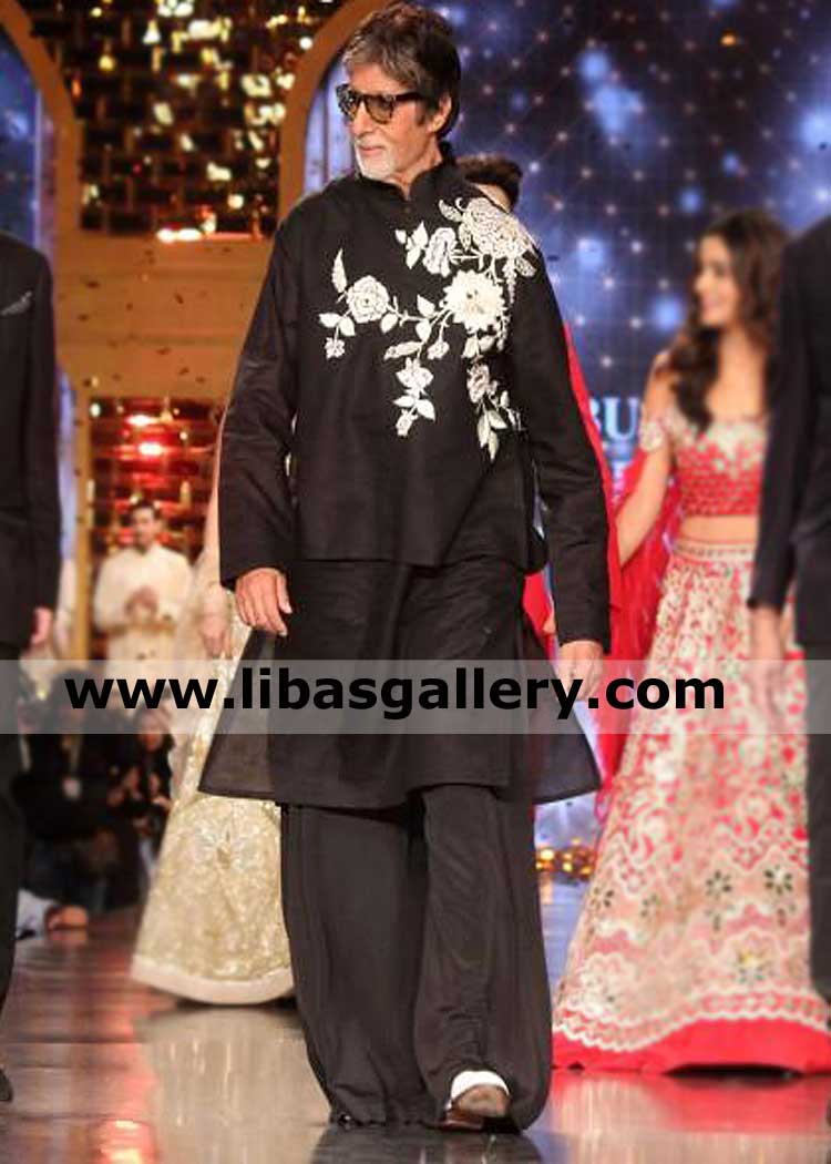 Floral Embroidery black waistcoat with bandhgala kurta