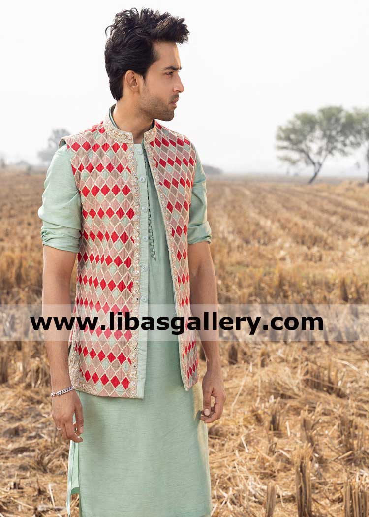 bilal abbas modeling for geometrically embroidered waistcoat tilla work with apple green kurta pajama for eid and nikah simple event France Saudi Arabia UAE