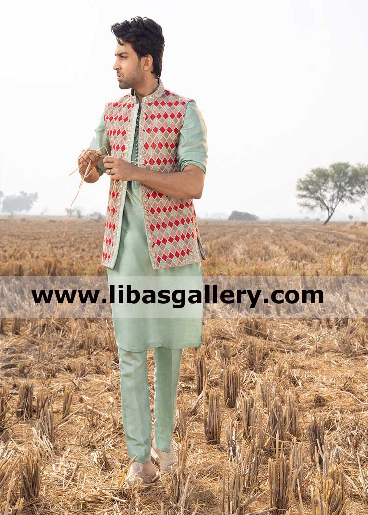 Geometrically embroidered waistcoat latest design for man and boys