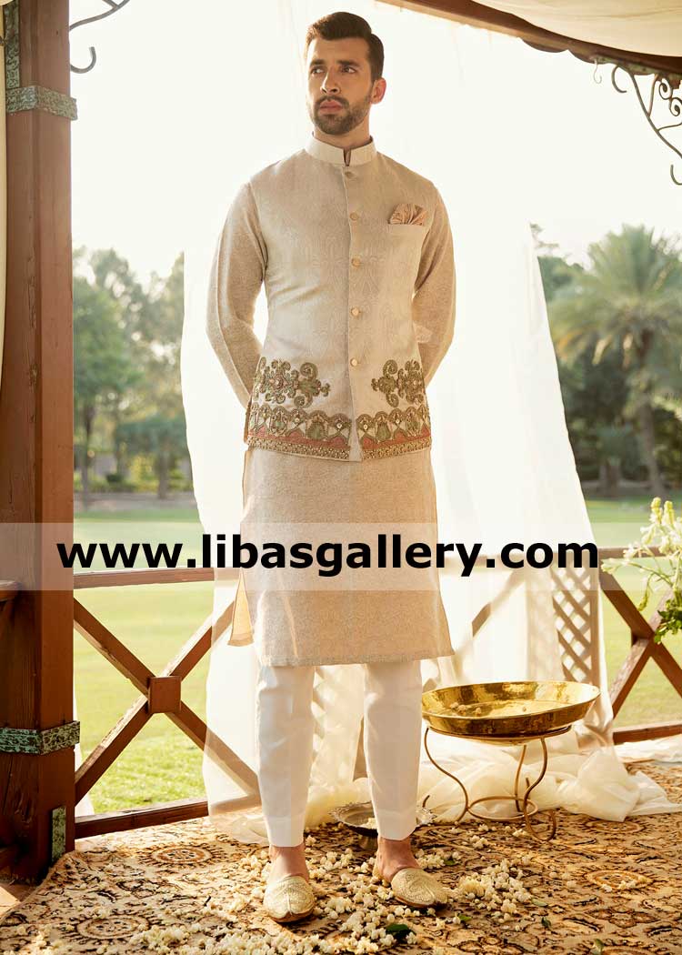Brocade ivory moondust embellished man waistcoat for grand wedding event vintage motifs on border intricately by our artisans Pakistan UK USA Australia