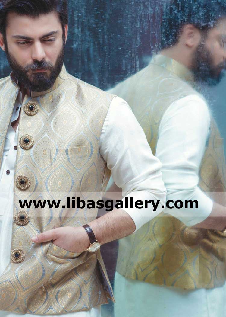 fawad khan Cardinal Gem Luxurious brocade waistcoat with gold and emerald embellished buttons make to measure vest Austria Italy Belgium USA