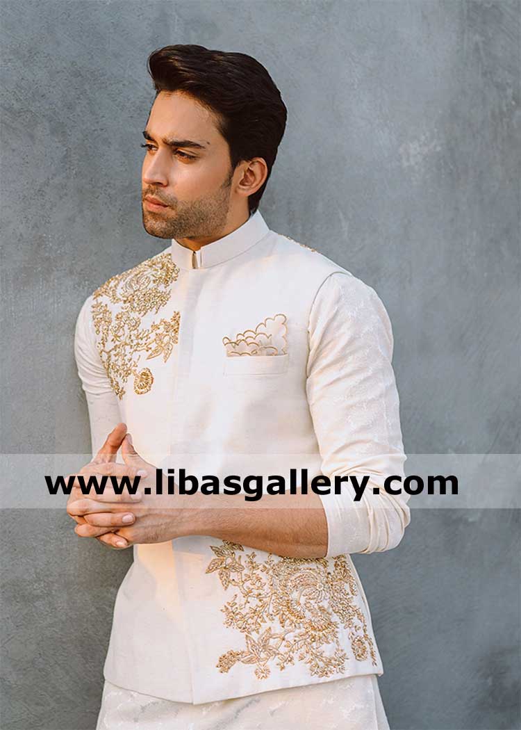 down to earth bilal abbas khan smart  boy thinking of his bride in gold embellished designer ivory karandi waistcoat Asia South Africa Europe America