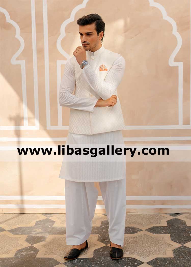 positive Man in white heavy embroidered waistcoat Snowy Jewel with high quality cotton kurta shalwar inner make to order gents items shop uk qatar japan