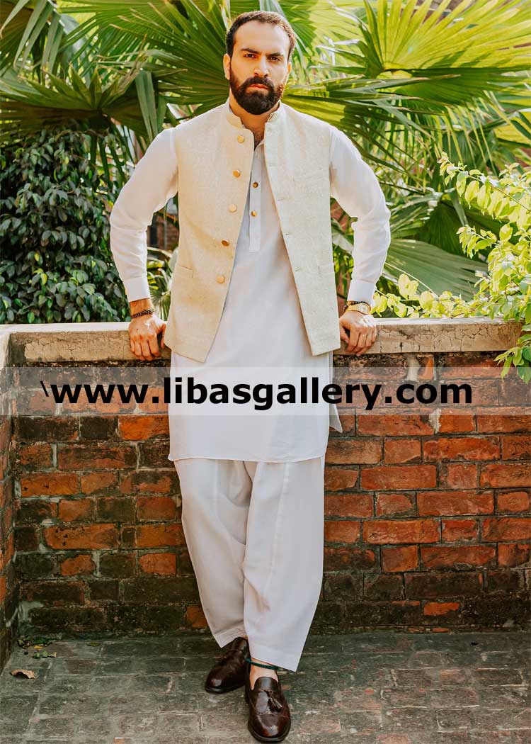 Pakistani latest waistcoat article sepia for business tycoon with traditional shalwar kameez cuffed sleeves fast delivery Singapore Sweden Spain Italy