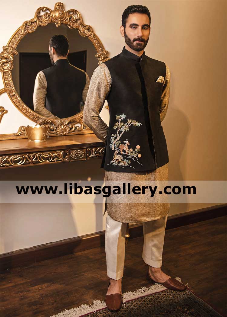 Raw silk black groom waistcoat jungle touch colorful embroidery perfect fitting vest for wedding season with bronze inner kurta qatar kuwait saudi arabia