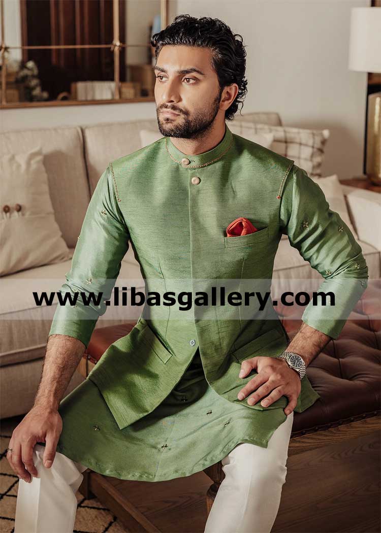 Green Clover complete man raw silk waistcoat luxury formal style stitched on customer body measurements fast delivery gents vest worldwide Australia New zealand USA