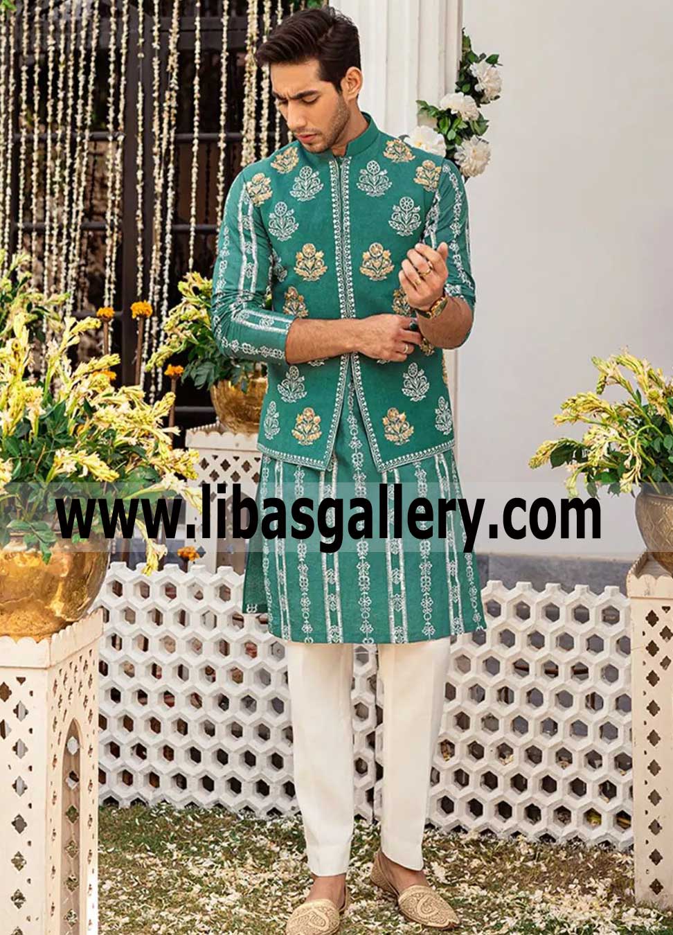 spanish green block print waistcoat with embellished motifs suitable for mehndi and dinner party event Bangladesh USA UK