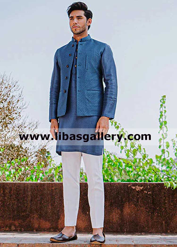 steel blue waistcoat suit for man rich thread embroidery with vertical welt pocket on front white pajama france uk usa