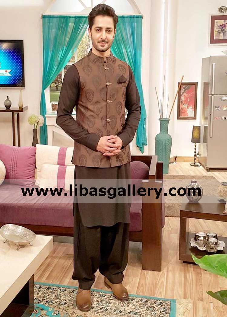 latest brown jamawar waistcoat article with matching kurta shalwar