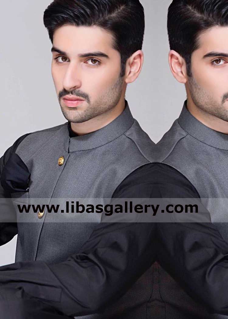 muneeb butt appearing designer vest gray color with matching kameez shalwar branded vest collection for party and mehndi time singapore saudi arabia oman