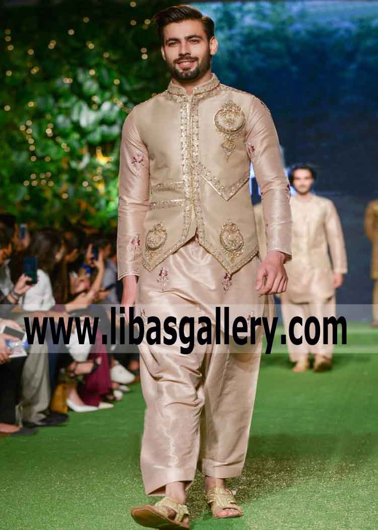 Gents Embroidered Wedding Waistcoat by Designer with V Cut Hemline Gold raw silk for mehndi nikah rukhsati time South Africa Spain Sweden