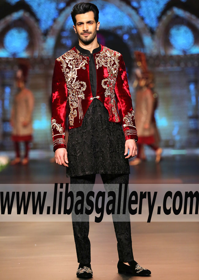 shahzad noor wearing embellished red maroon groom vest front open with embroidered black kurta pajama suit inner france kuwait qatar