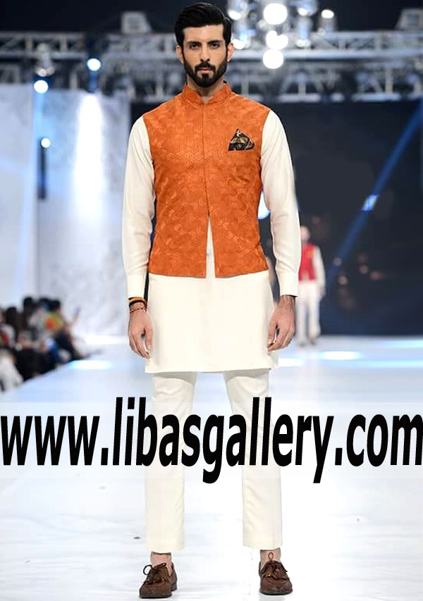 amazing sleeveless vest in dark coral orange type shade with off white short length kurta and pajama singapore hong kong new zealand