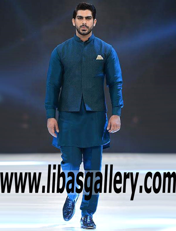 Self jamawar teal blue shade men waist coat suit with matching color kurta pajama for party and occasion Saudi Arabia UK USA