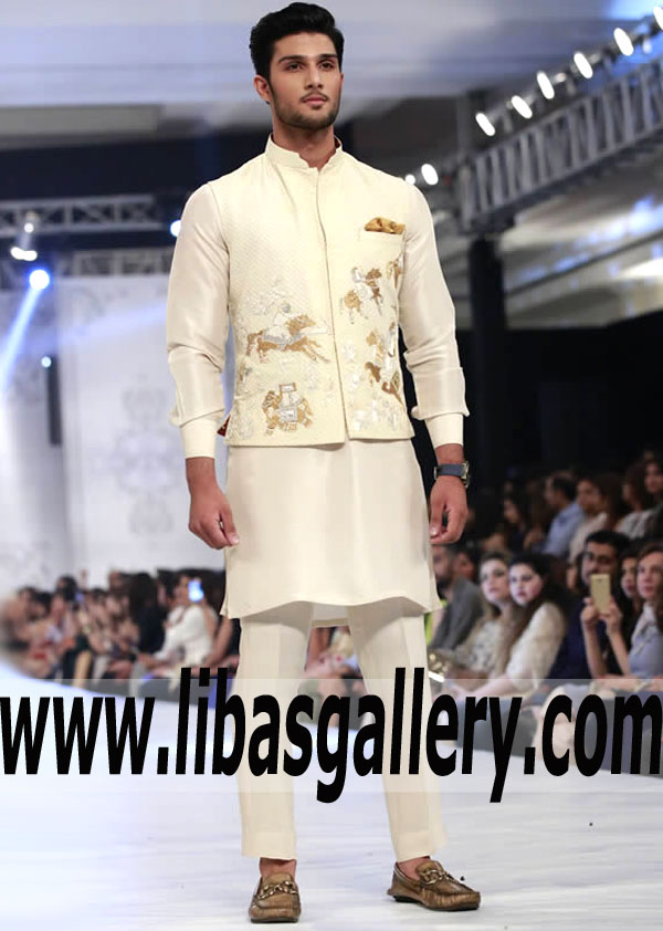 pearl white wasitcoat for man with embellishment of horse and ottoman sultan image compliment with matching kurta shalwar france netherland scotland