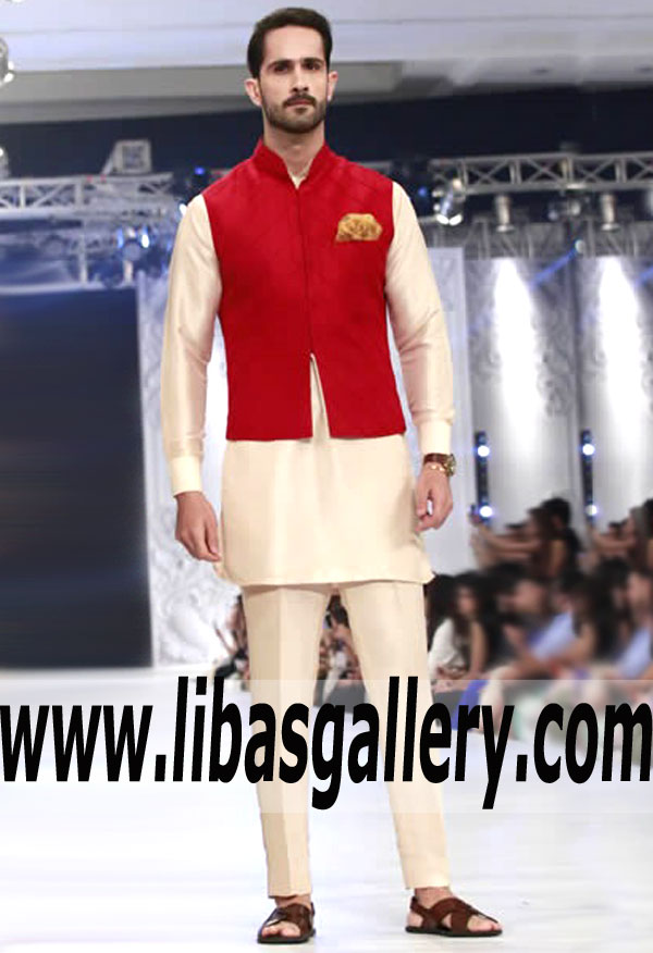 Men Pakistani nice color red waist coat suit article with raw silk kurta pajama inner best to attend friend party and wedding Mississippi Connecticut USA