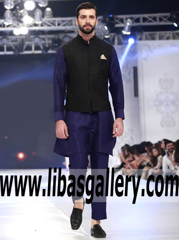 mens waistcoat suit in black color with purplish blue cuff style sleeves kurta and pajama compliment custom made vest uk usa canada