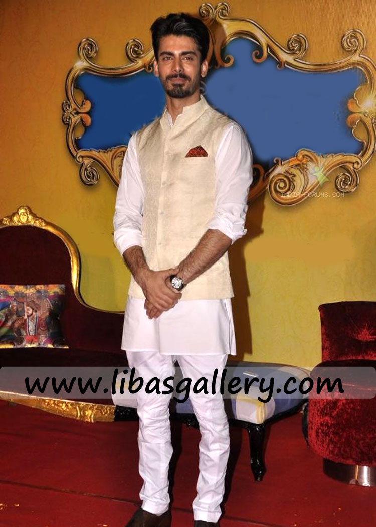Fawad khan wearing Waist coat  with white kurta shalwar kameez shalwar in Party Occasion uk usa canada