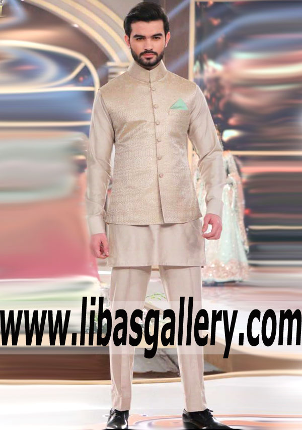 Dull Gold Designer Waist coat Suit with matching Cotton Silk kurta pajama suit as inner for party occasion Dubai Abu dhabi Sharjah UAE