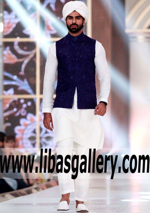 indigo embroidered Waistcoat suit for nikah and Wedding season