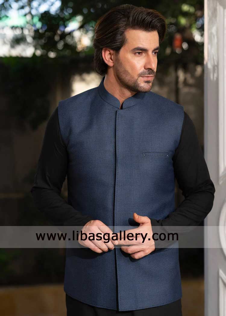 Navy blue waistcoat style for men to enjoy party event and business meeting to look sober paired with Black kurta shalwar UK USA Canada Dubai Australia