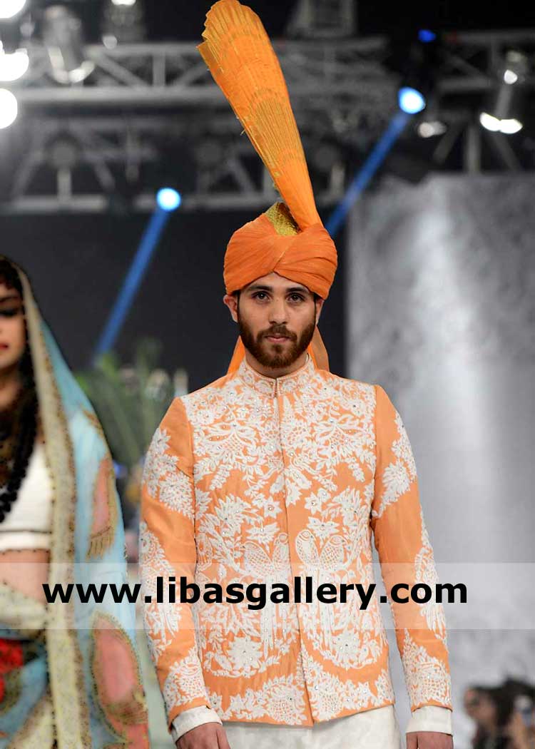Bespoke orange Waist Coat for men with white thread nice sober embroidery Ali Xeeshan Groom Wear with matching turban UK Saudi Arabia Qatar