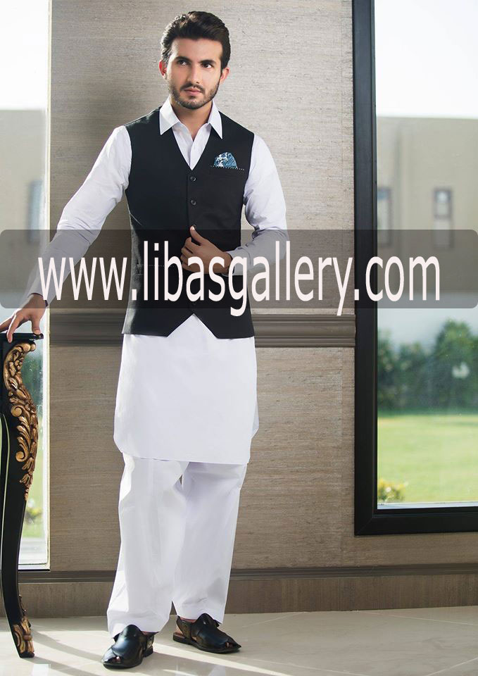 shehroz sabzwari spotting in black men waist coat style paired with white kurta shalwar suit Australia Dubai Saudi arabia
