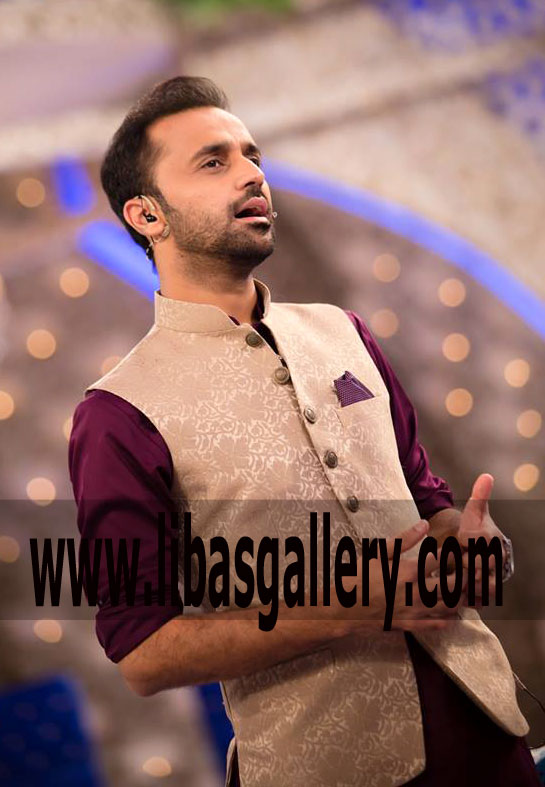 Pakistani Jamawar men waist coat style with Magenta color kurta shalwar suit UK USA Canada