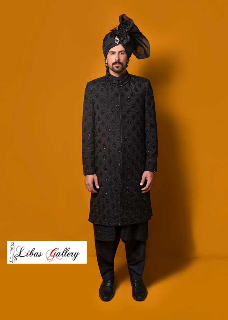 Showcasing Intricate Motifs Highlight Designs on Black Groom Wedding Sherwani style available with Turban matching shoes inner UK USA Canada Australia Dubai