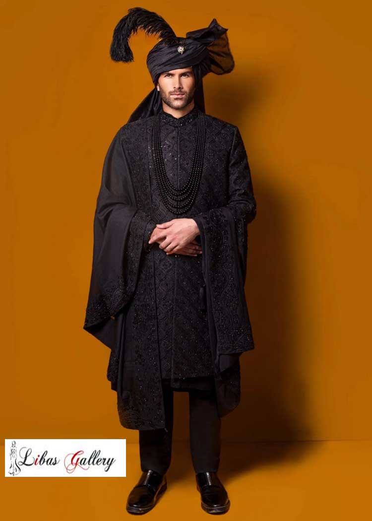 Royal Prince BLACK SHERWANI Embroidered with hand work for Groom real happy day with bride paired WITH MATCHING SHAWL AND TURBAN Dallas Sugarland Philadelphia USA