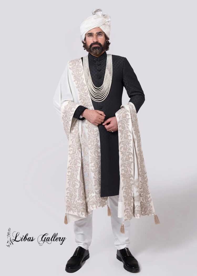 Latest Black embroidered sherwani according to Islamic Style for Groom nikah with White embroidered Shawl Shoes Turban and inner London Toronto Dubai Washington
