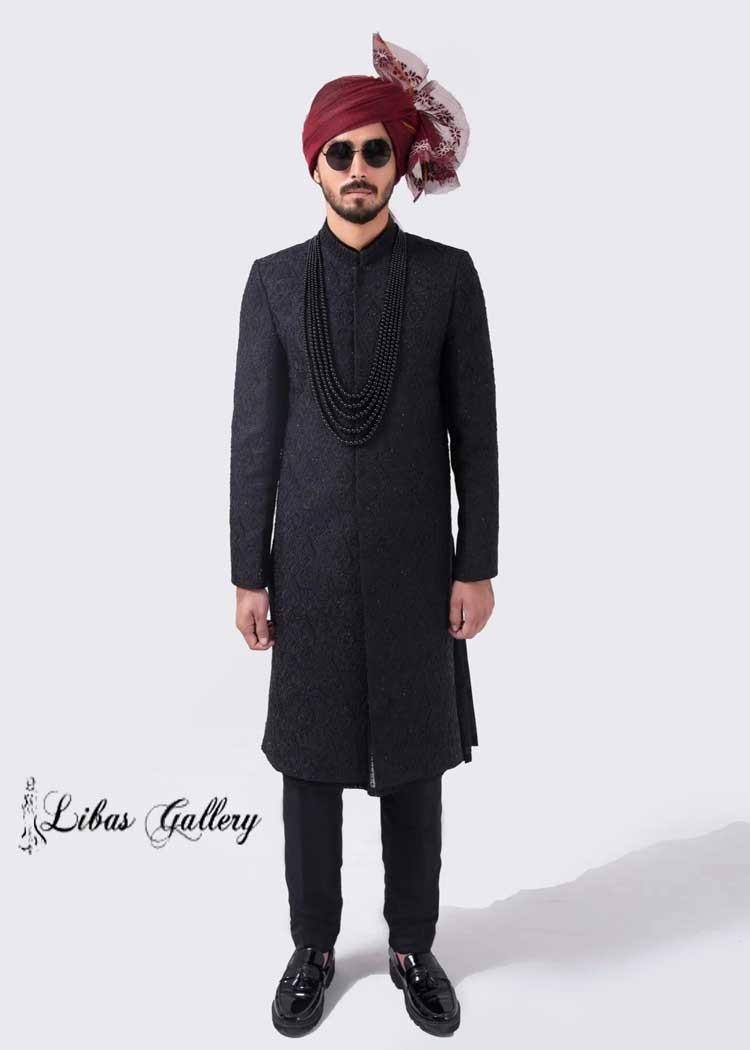 Black Embroidered Groom sherwani beautiful and amazing self embroidery pattern with inner kurta pajama mala turban shoes Jacksonville Denver Nashville USA