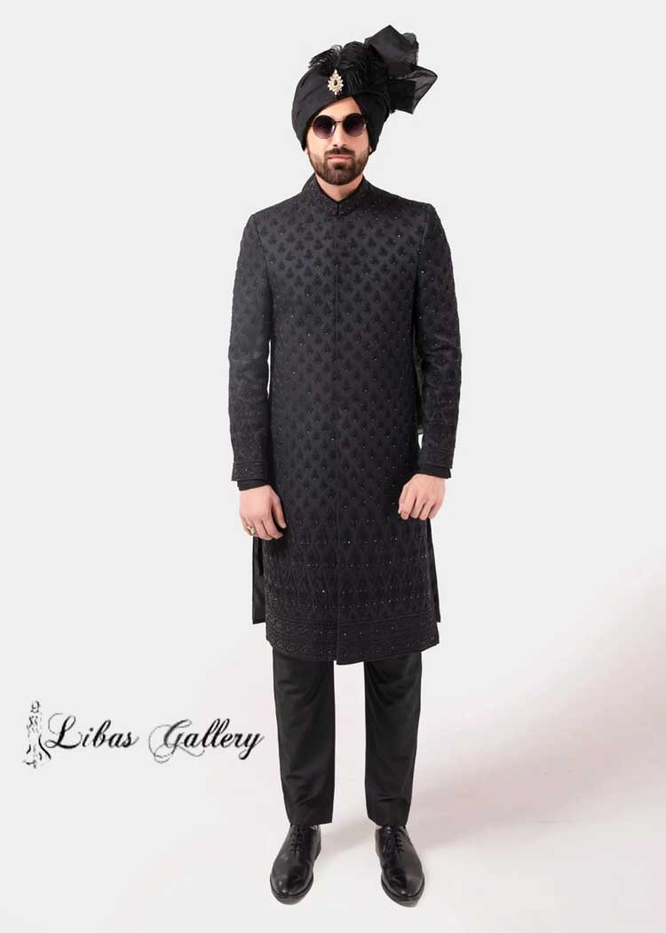 HEAVY MOTIF EMBROIDERED BLACK SHERWANI FOR GROOM Nikah day with black inner and black organza turban with brooch Sugarland Glasgow Vancouver Perth Dubai